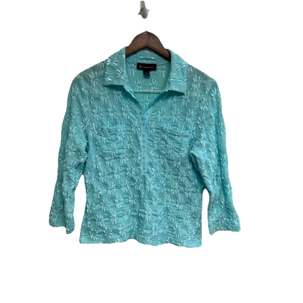 INC Y2k Top Womens Large Blue Floral Mesh V-Neck Fairygrunge Coquette Lace 90s